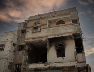 A house destroyed by war in the city of Taiz, Yemen