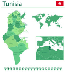 Fototapeta premium Tunisia detailed map and flag. Tunisia on world map.