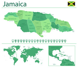 Jamaica detailed map and flag. Jamaica on world map.