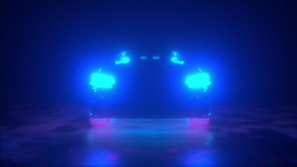 Neon car with bright headlights in the dark, computer generated. 3d rendering modern backdrop