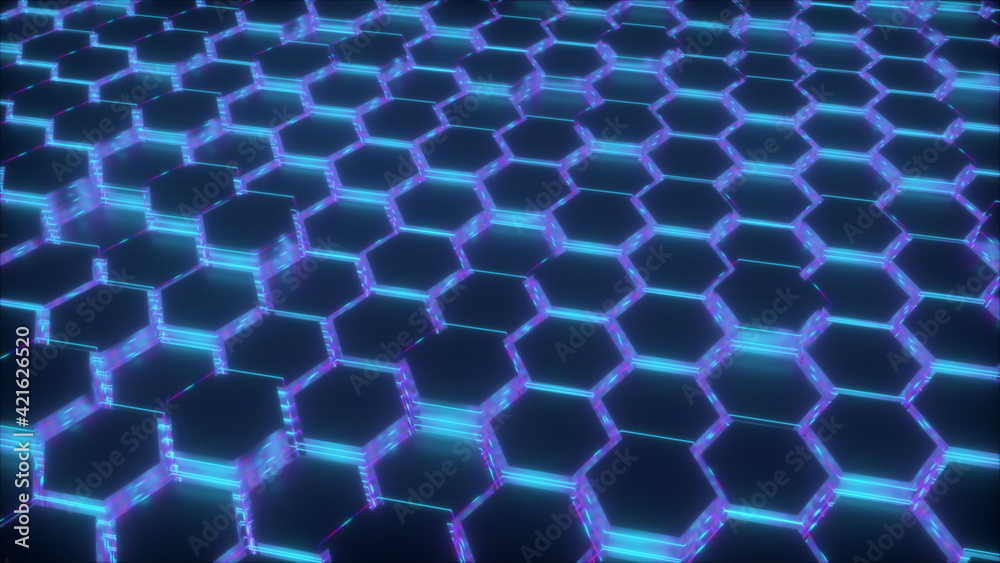 Aufkleber 3d rendering of abstract glowing background. computer generated neon hexagonal
