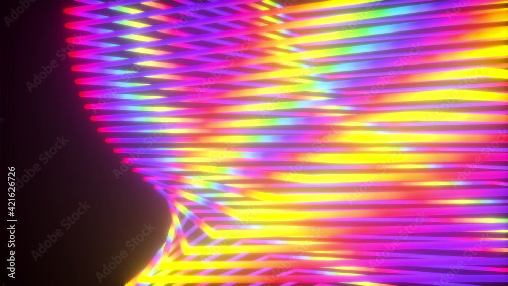 Poster abstract wavy squares from neon lines, computer generated. 3d rendering virtual backdrop