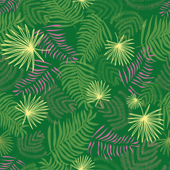 Vector pink and green tropical leaves pattern background