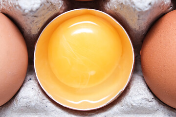 A brown chicken egg is half broken among other eggs in a carton tray close up