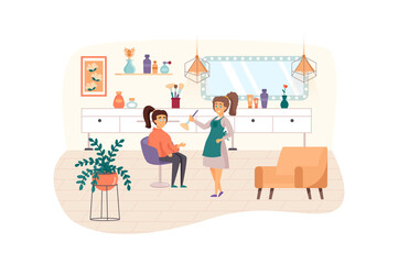 Woman visiting Beauty Salon scene. Beautician applying makeup on female client. Cosmetology procedures, face and hair care service concept. Vector illustration of people characters in flat design