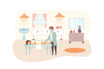 Woman visiting Beauty Salon scene. Female client getting massage. Professional masseur doing caring procedures. Cosmetology, skin care concept. Vector illustration of people characters in flat design