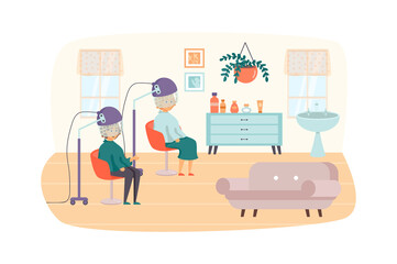 Women visiting Beauty Salon scene. Female clients dry their hair with vintage large hair dryers machines. Hairstyle and haircuts concept. Vector illustration of people characters in flat design
