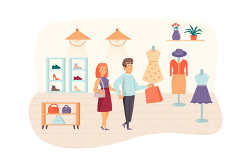 Couple shopping in clothing store scene. Man and woman buying stylish clothes, shoes and bags. Buyers at boutique, retail and sales concept. Vector illustration of people characters in flat design