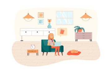 Woman studying using laptop or reads e-book sitting in living room scene. Student engaged online education. Distance homeschooling concept. Vector illustration of people characters in flat design