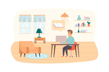 Man studying using computer or reads e-book sitting at table in room scene. Student engaged online education. Distance homeschooling concept. Vector illustration of people characters in flat design