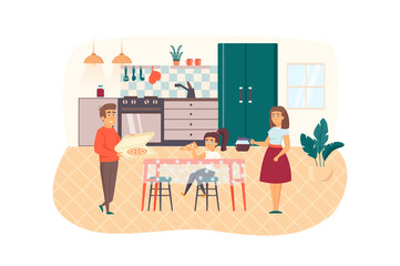 Naklejka na ściany i meble Family eating pizza in kitchen together scene. Father, mother and daughter have dinner or lunch at dining table. Parents and children concept. Vector illustration of people characters in flat design