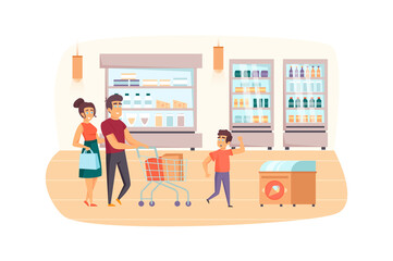 Family shopping in supermarket together scene. Mother, father and son buy food at grocery store. Parent and children, daily routine concept. Vector illustration of people characters in flat design