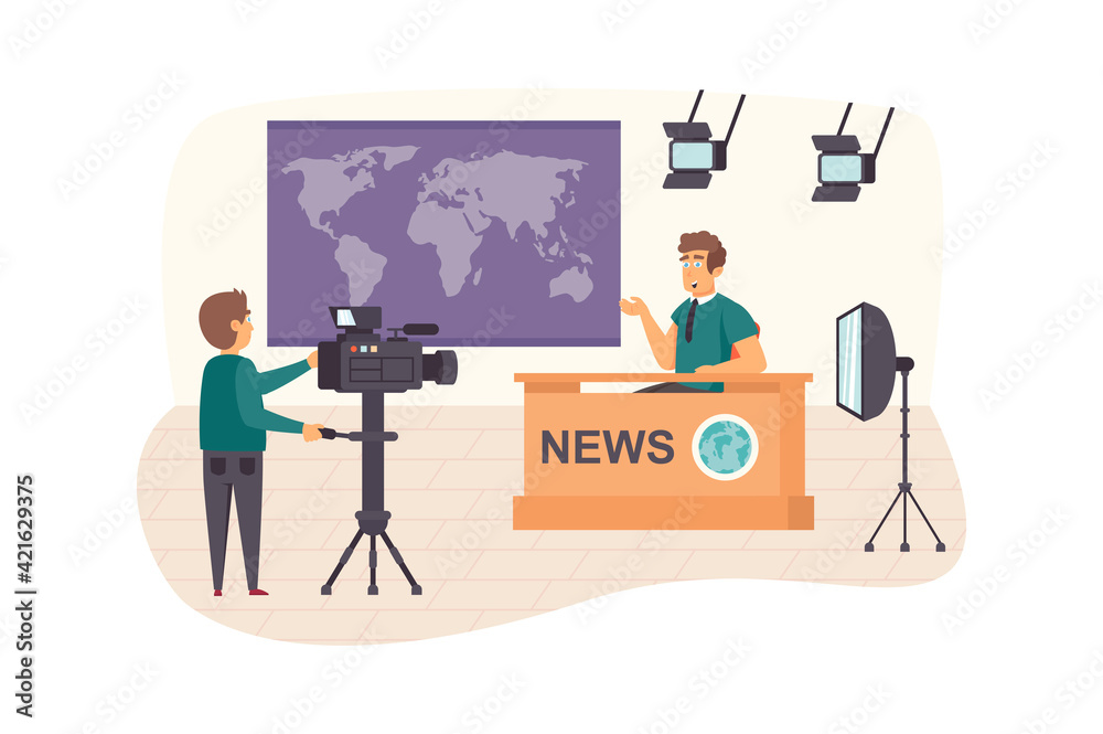 Poster filming television world news program scene. operator recording video with man presenter at studio. 