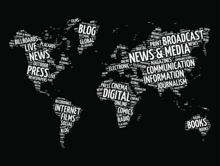 Fototapeta na wymiar News and media word cloud in shape of world map, concept background