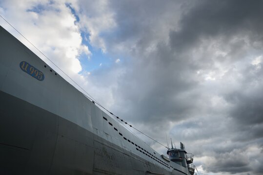 German submarine U-995. Dramatic sky, storm clouds. Museum ship, Laboe Naval Memorial. Germany. Panoramic view. Travel destinations, landmarks, sightseeing, history, past, war, WW2, nautical vessel