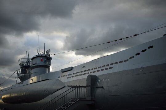 German submarine U-995. Dramatic sky, storm clouds. Museum ship, Laboe Naval Memorial. Germany. Panoramic view. Travel destinations, landmarks, sightseeing, history, past, war, WW2, nautical vessel