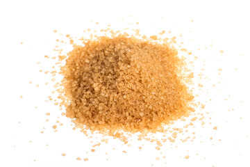 Brown sugar on a white background. Unrefined Cable Crystal Sugar. Close-up