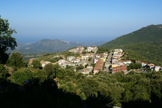 Panoramic view of the village of Osini in Sardinia, Italy