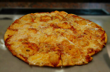 Cheesy whole pizza with very thin crust in soft background