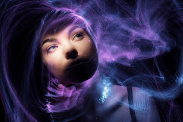 beautiful girl model with cosmic make-up on face, blue and purple color on dark background , longexposure foto