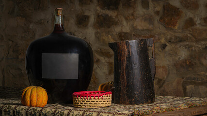 Old wooden jug for wine. Rustic style