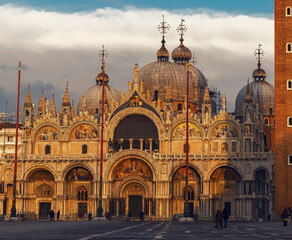 St Mark's Square bell tower at sunset in Venice during covid period 