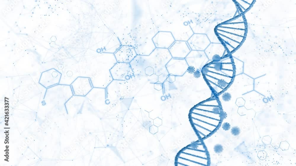 Sticker chemical structure with blue rotating dna chain isolated on white. copy space abstract background.