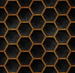 Wall murals Industrial style Gold and black geometric hexagon grid pattern art deco Background. Artistic pencil texture line style. Honeycomb dark repeat design