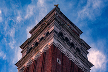 St Mark's Square bell tower at sunset in Venice during covid period 