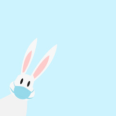 white rabbit with mask on light blue background