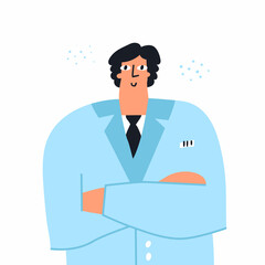 Smiling male doctor cartoon character wearing a lab coat and tie isolated on white. Friendly physician standing with arms crossed. Professional therapist vector design. Medical worker doodle drawing