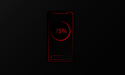 75 Percent Charge Black Mobile Phone Vector Mockup With Perspective Views. Smartphone Screens Isolated on Black Background.