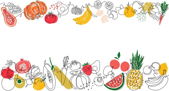 Two top and bottom Seamless Patterns with Fruits, Vegetables and empty space for text between them . Vector Background. Frame with organic food. Can be also yused like Banner, Flyer, Texture, Poster.