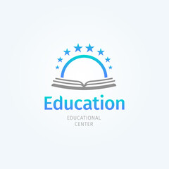 Fototapeta na wymiar School logo. Open book and sun. Knowledge and education symbol. Library and bookstore logotype template. Vector illustration
