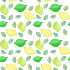 Watercolor seamless pattern, pears on a light background, paper texture.