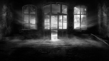 Dark scary fantasy room with windows and doors. Big moon, night sky view, rays of moonlight. Old concrete walls and old windows. reflection of light on the floor, neon light. 3D illustration. 