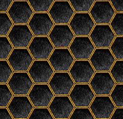 Gold and black geometric hexagon grid pattern art deco Background. Artistic pencil texture line style. Honeycomb dark repeat design