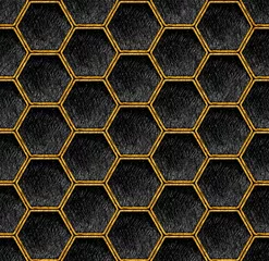 Wall murals Industrial style Gold and black geometric hexagon grid pattern art deco Background. Artistic pencil texture line style. Honeycomb dark repeat design