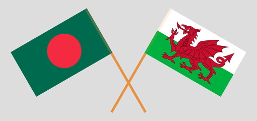 Crossed flags of Bangladesh and Wales. Official colors. Correct proportion