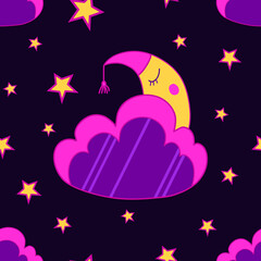 Vector seamless pattern has a sleeping month behind a cloud. This cartoon character has eyes and nightcap. There is purple, yellow and hot pink on dark background. For design and prints
