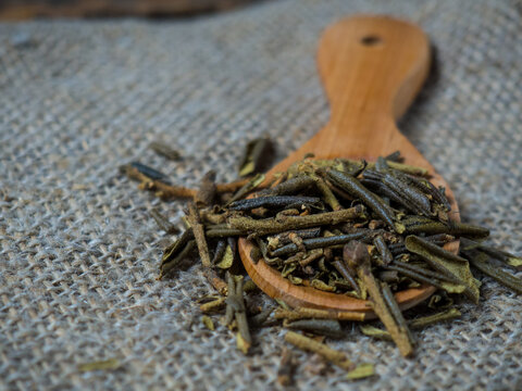 Sagan daila tea leaves close-up in a wooden spoon. Sagan daila Shaman tea, medicinal herbs