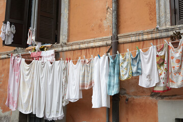 Laundry on a clothesline in Rome. Exterior shot. 