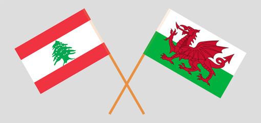 Crossed flags of the Lebanon and Wales. Official colors. Correct proportion