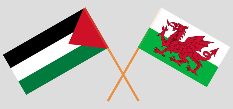 Crossed flags of Palestine and Wales. Official colors. Correct proportion