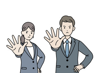 会社員　スーツ姿　男女　NO　断る　拒否するポーズ　上半身　イラスト素材