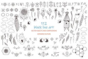 Honey bees isolated vector set. Cute bee cartoon collection. Funny illustrations, cartoon line art style icons. Beekeeping clip art objects, graphic elements. beehives, flowers, honeycombs