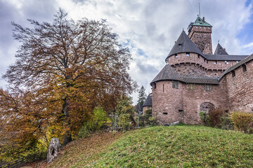 Haut-Koenigsbourg Castle - medieval castle built in XII century, located in Vosges mountains just west of Selestat. Commune of Orschwiller, Bas-Rhin departement of Alsace, France.