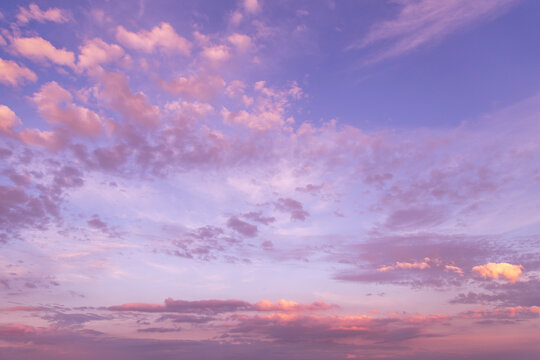 Dramatic sunrise, sunset pink violet blue sky with fluffy clouds abstract background texture