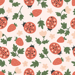 Hand drawn seamless pattern with ladybug and strawberry. Vector doodle plants and flowers. Stylized insects. © Kristina