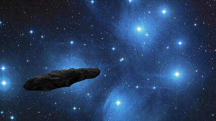 Interstellar asteroid Oumuamua arriving from Pleiades star cluster. Oumuamua 3D model: Credit:...